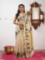 Midnight Blue Temple Jacquard Polka Dot Tussel Tissue Saree Main View