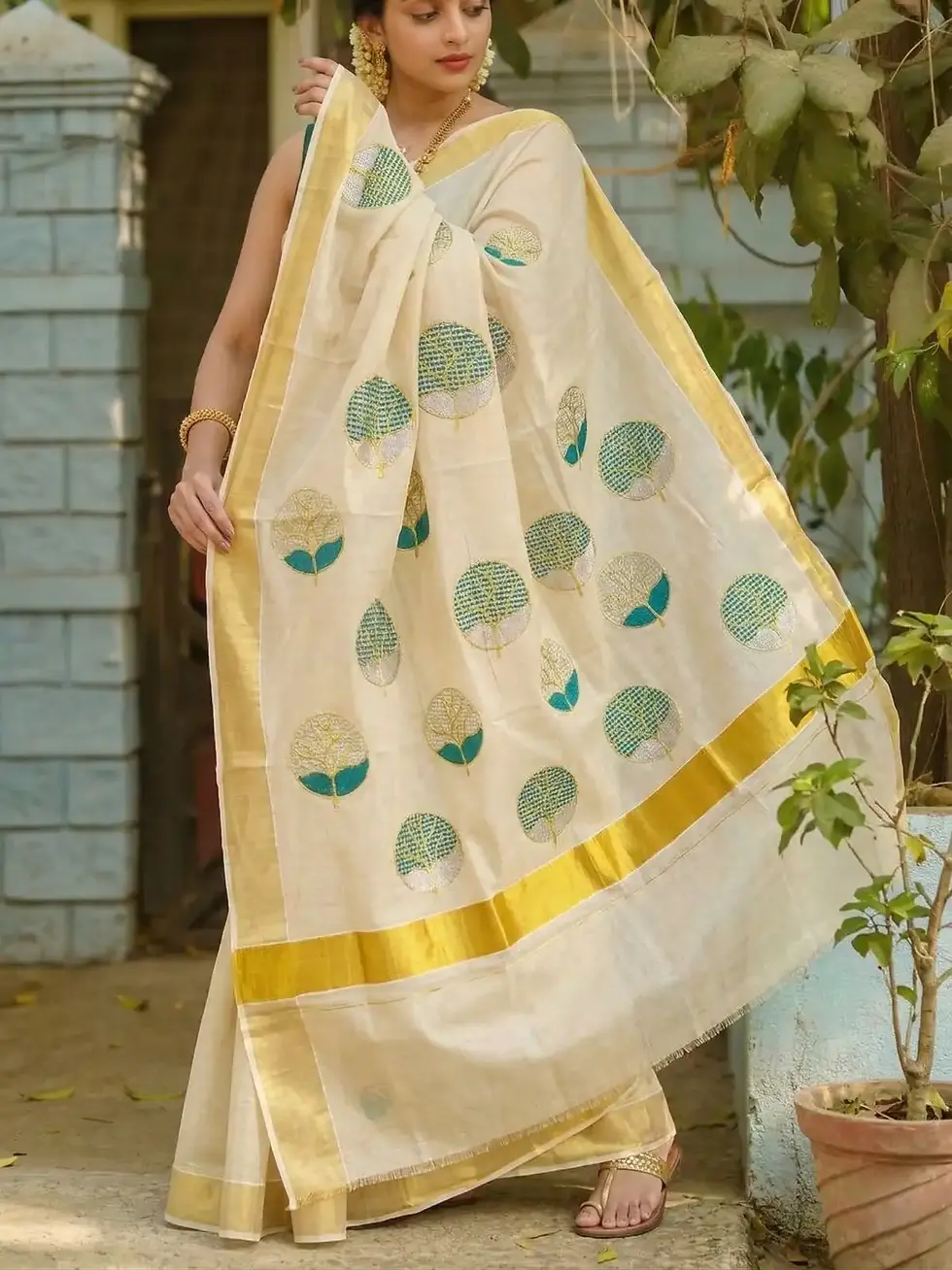 Thumbnail: Green Leaf Embroidery Tissue Kasavu Saree Pallu View