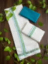 Sky Blue Golden Kasavu Cotton Setmundu Front View