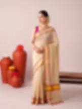 Pea Green & Pink Golden Stripe Kasavu Tissue Saree With Tussel Side View