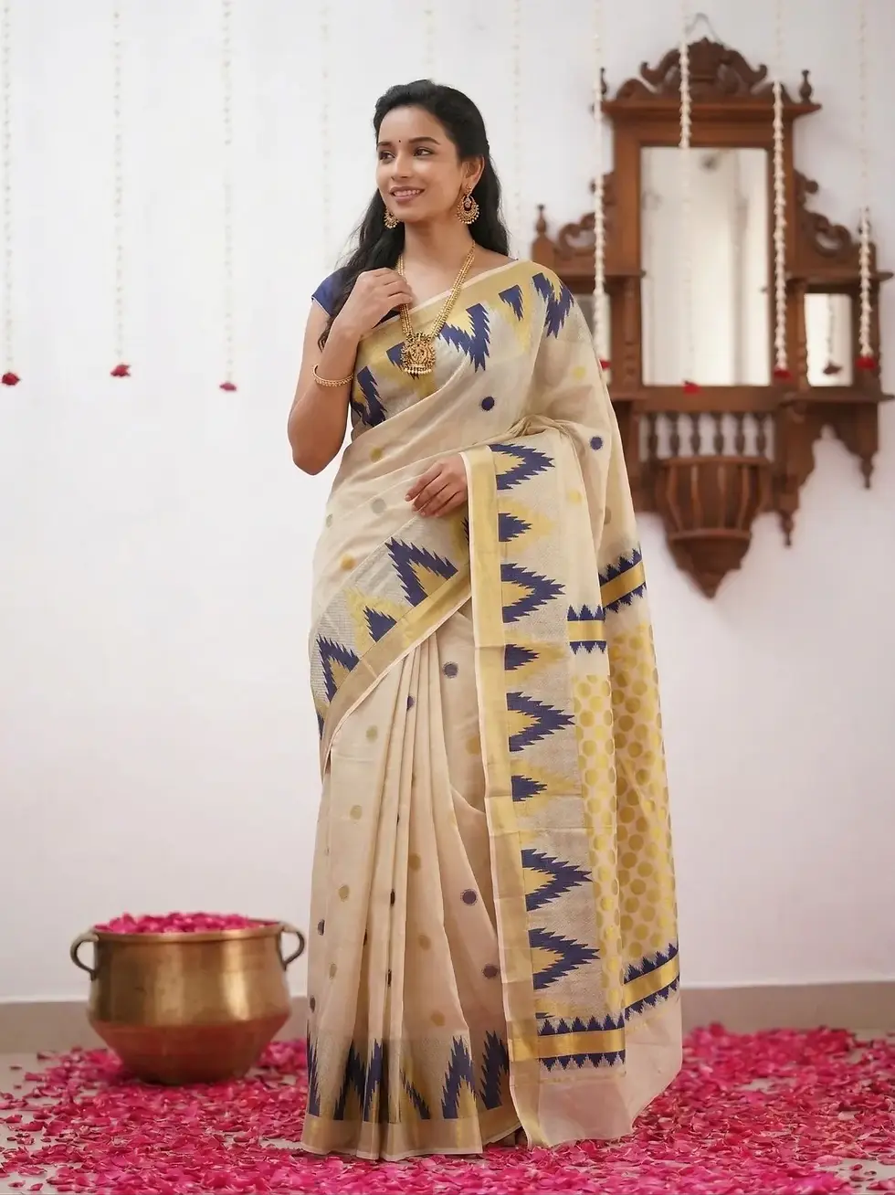 Midnight Blue Temple Jacquard Polka Dot Tussel Tissue Saree Front View