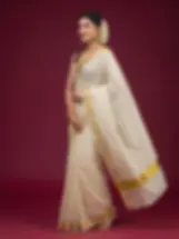 Golden Dot Stripe Cotton Kasavu Kerala Saree Front View