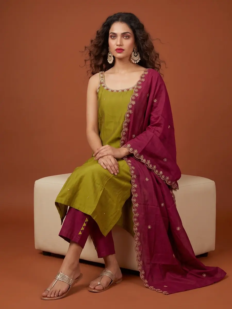 Olive Green Solid Kurta Set  Sitting View