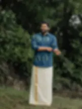 Ocean Teal Botanical Embroidery Cotton Shirt and Kasavu Mundu Front View