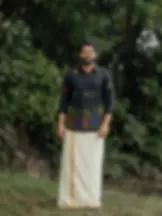 Black Multicolor Floral Embroidered Cotton Shirt and Kasavu Mundu Dhoti Combo Main View