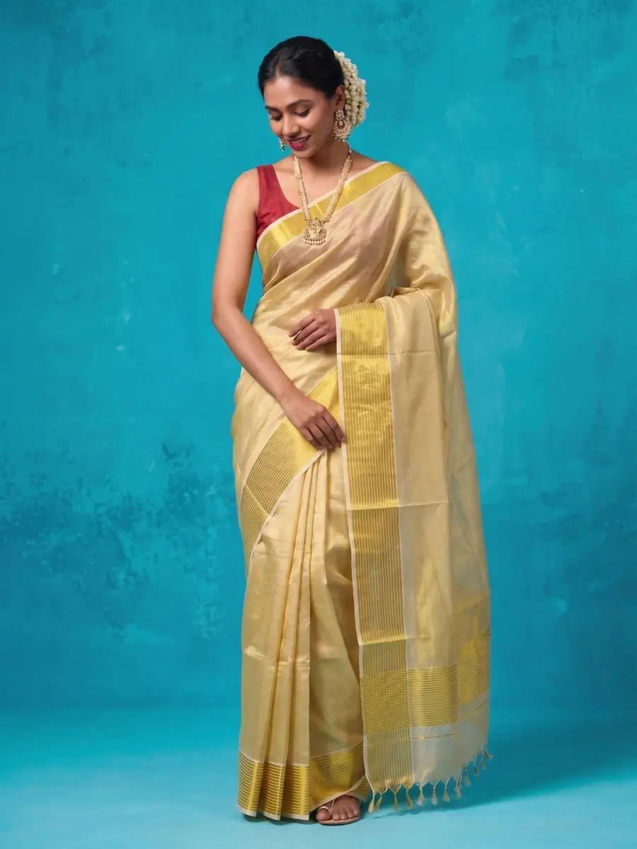 Premium Golden Border Stripe Tissue Tussel  Saree  Front View
