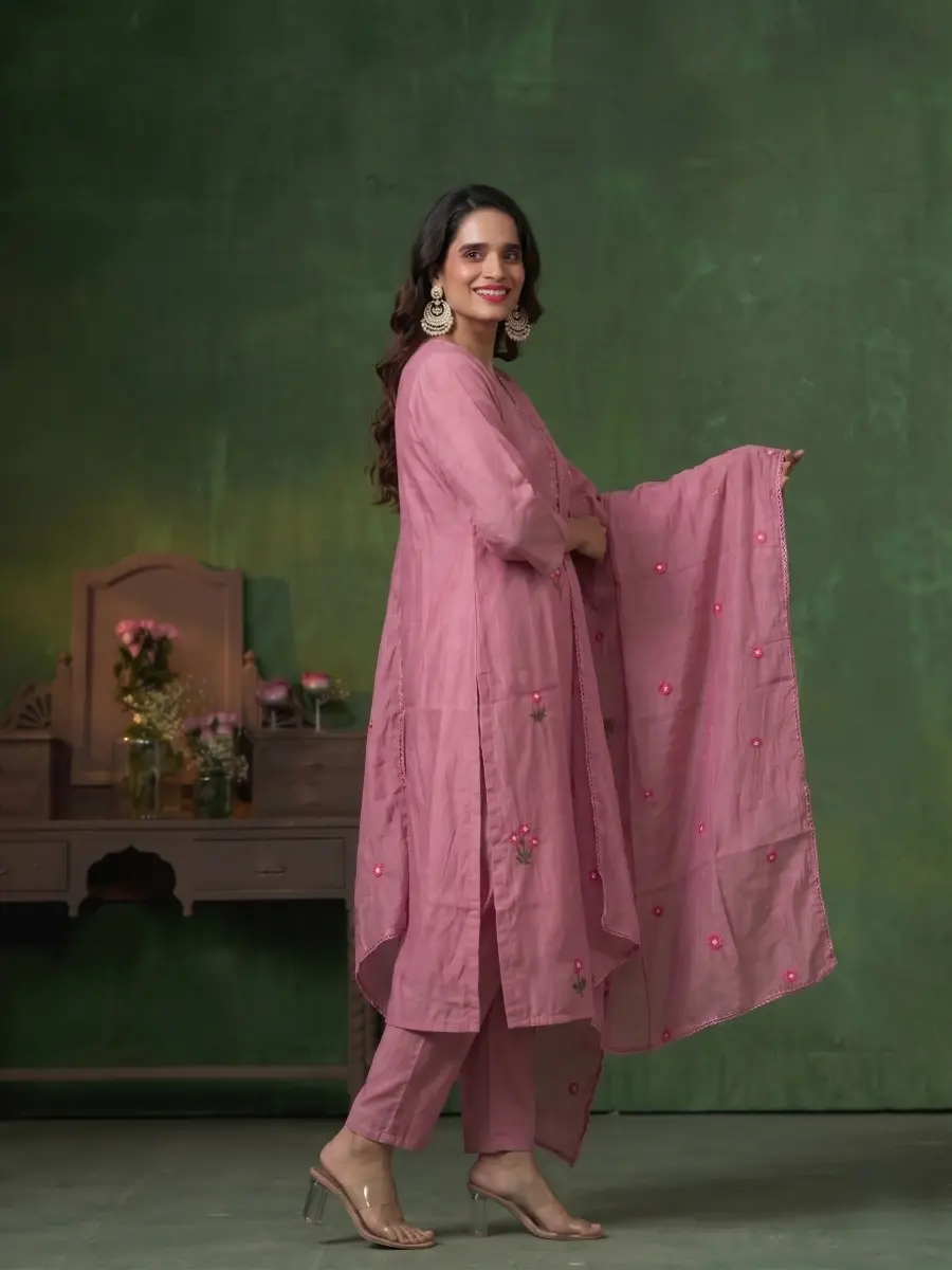 Onion Pink Floral Embroidery 3 Piece Kurta Trouser Set Side View