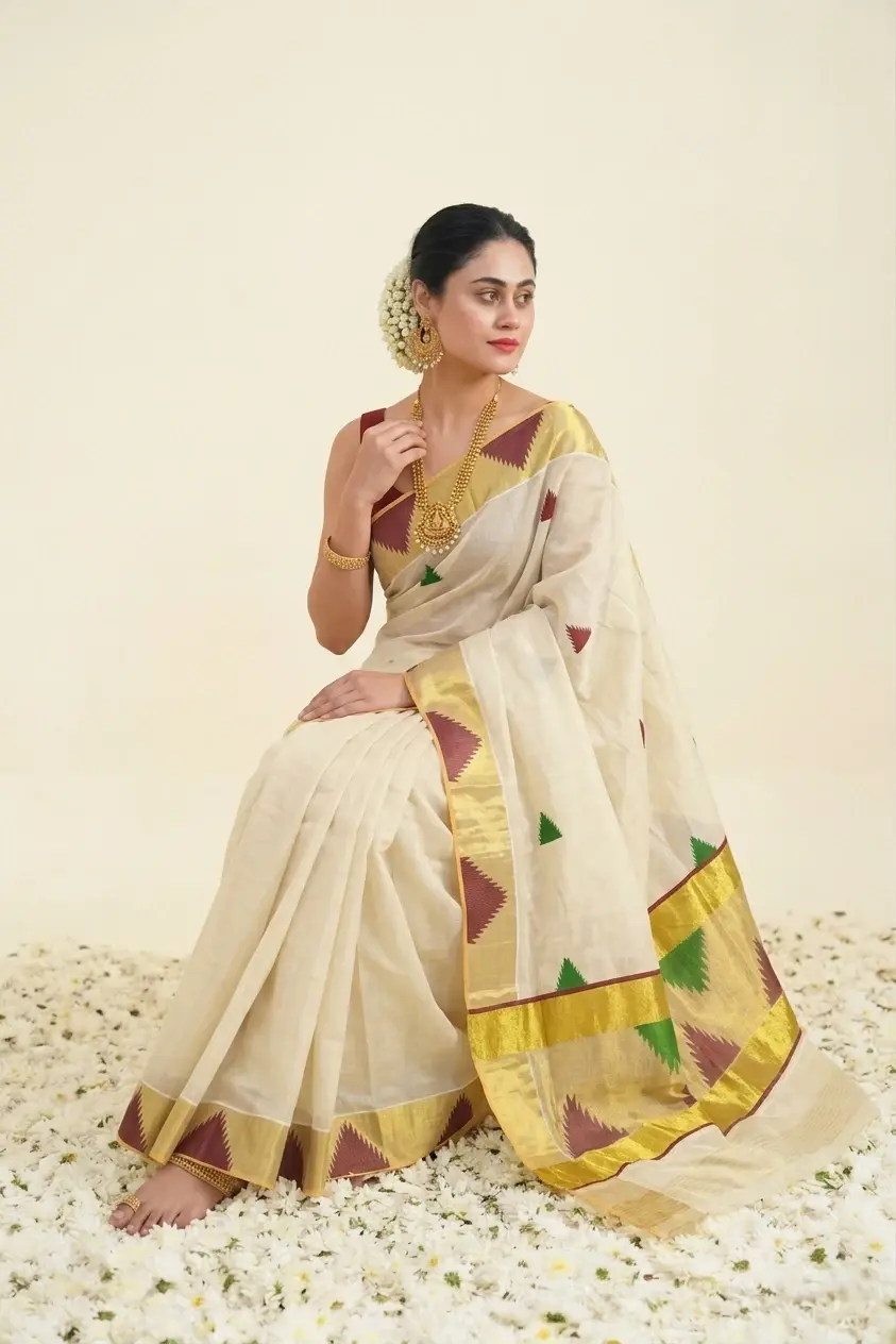 Green & MaroonTemple Design Golden Kasavu Tissue Saree Sitting View