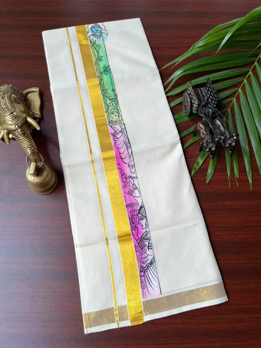 Premium Hand-Painted Kasavu Double Mundu Main View