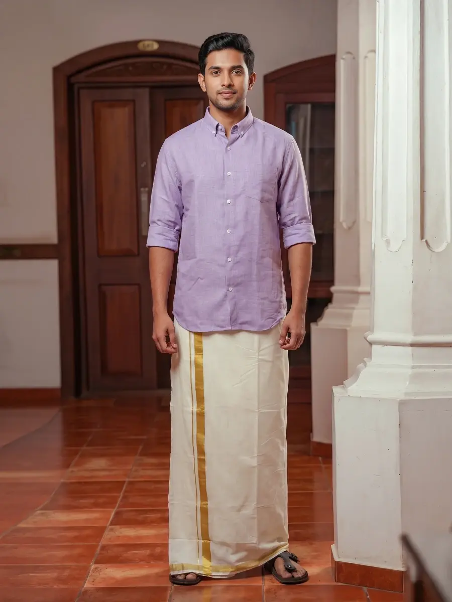 Lavender Shirt and Kasavu Mundu Dhoti Full View