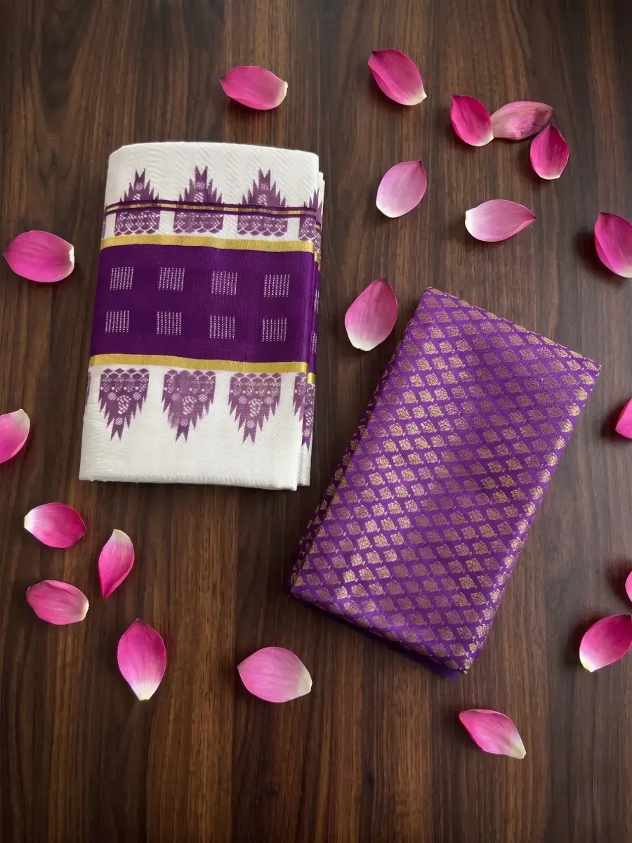 Thumbnail: Purple Temple Chathura Design Golden Kasavu Tissue Setmundu Top View