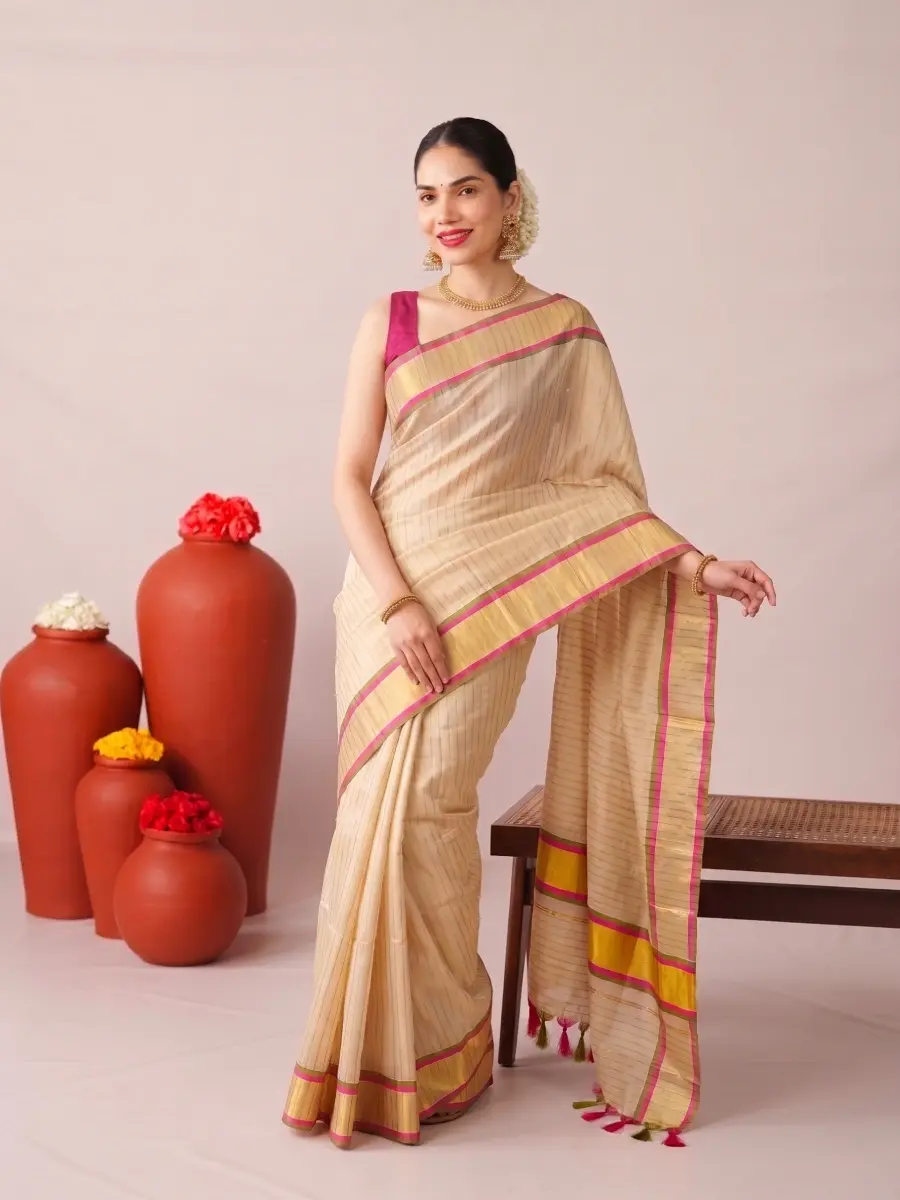 Pea Green & Pink Golden Stripe Kasavu Tissue Saree With Tussel Front View