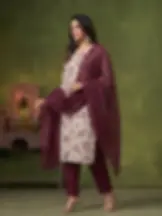 Beige Floral Printed Kurta Set with Brown Dupatta View