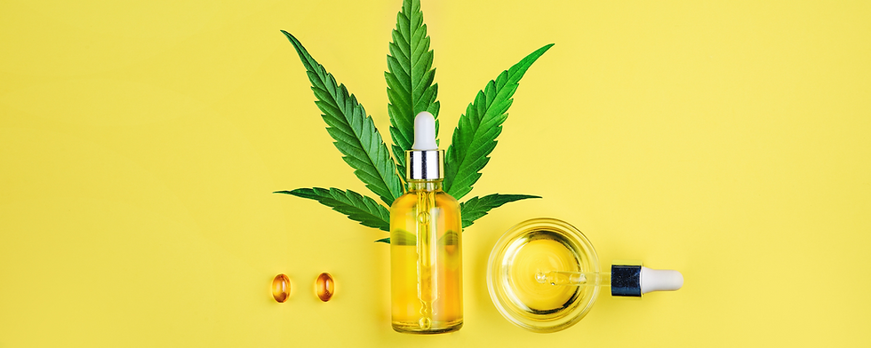 a bottle of cbd oil placed in front of a marijuana lead and a dropper located on the right hand side and capsules on the left hand side of the bottle