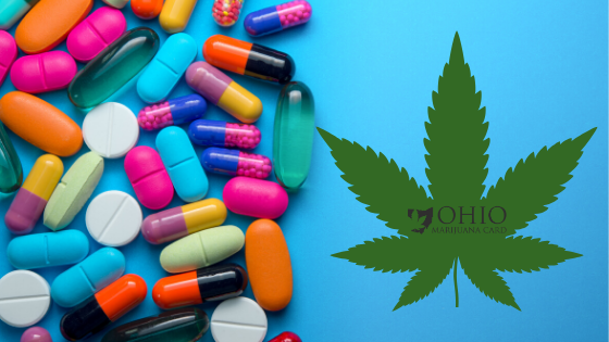 a photo of pills on the left hand side and then a photo of a marijuana leaf on the right with Ohio Marijuana Card Logo in the center of the leaf