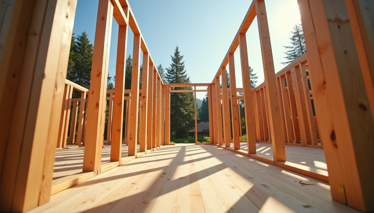 Eye-level view of wooden house framing under construction in Langley BC
