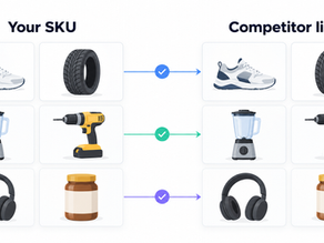 Product matching infographic showing six product SKUs, including shoes, tires, blenders, drills, headphones, and jars, matched to competitor listings using automated data matching.