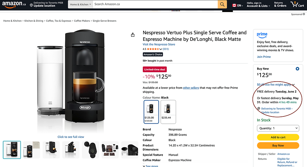 Amazon product page showing estimated delivery dates and in-stock status, demonstrating how lead time data influences pricing intelligence and supplier evaluation.