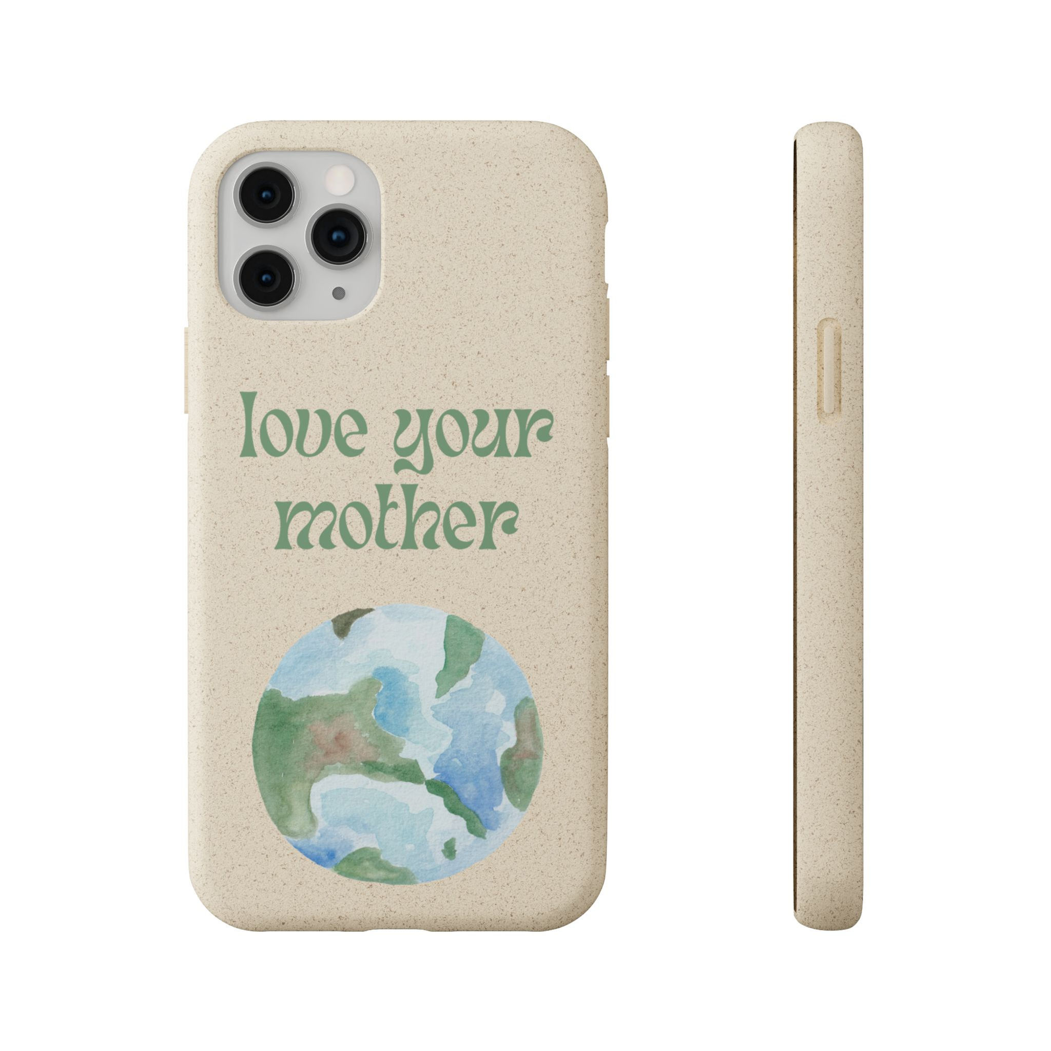 Eco-friendly phone case with watercolor Earth and ‘Love Your Mother’ quote
