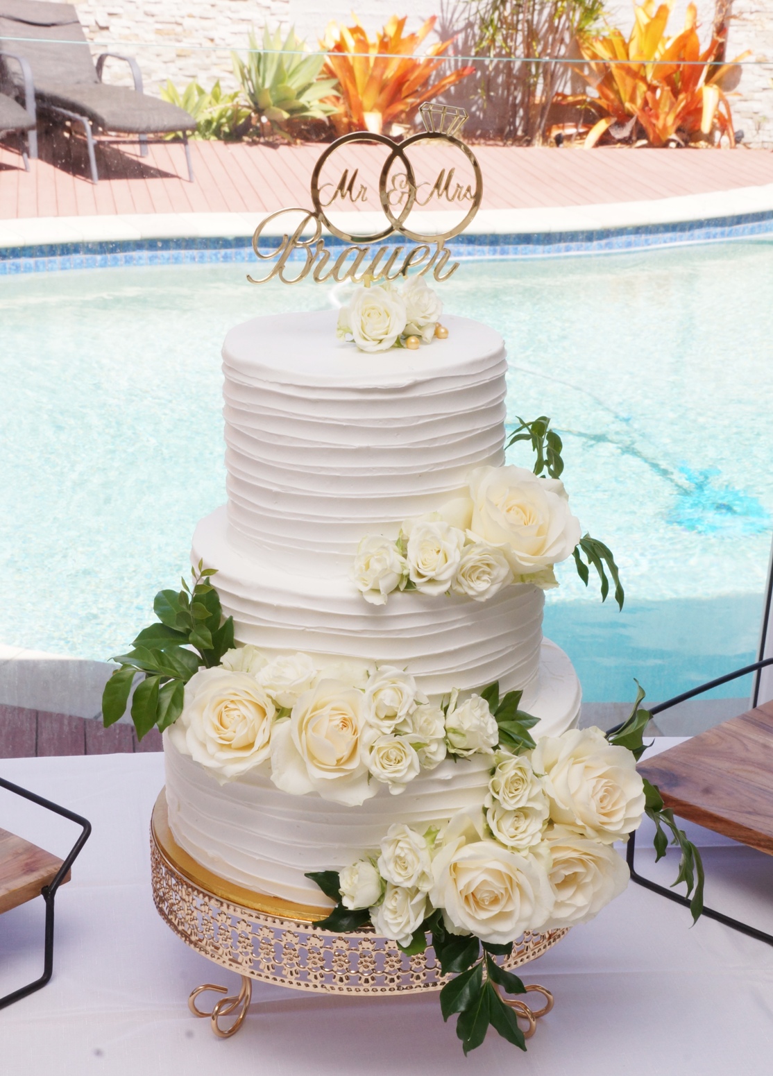 3 Tier Lined white buttercream with fres