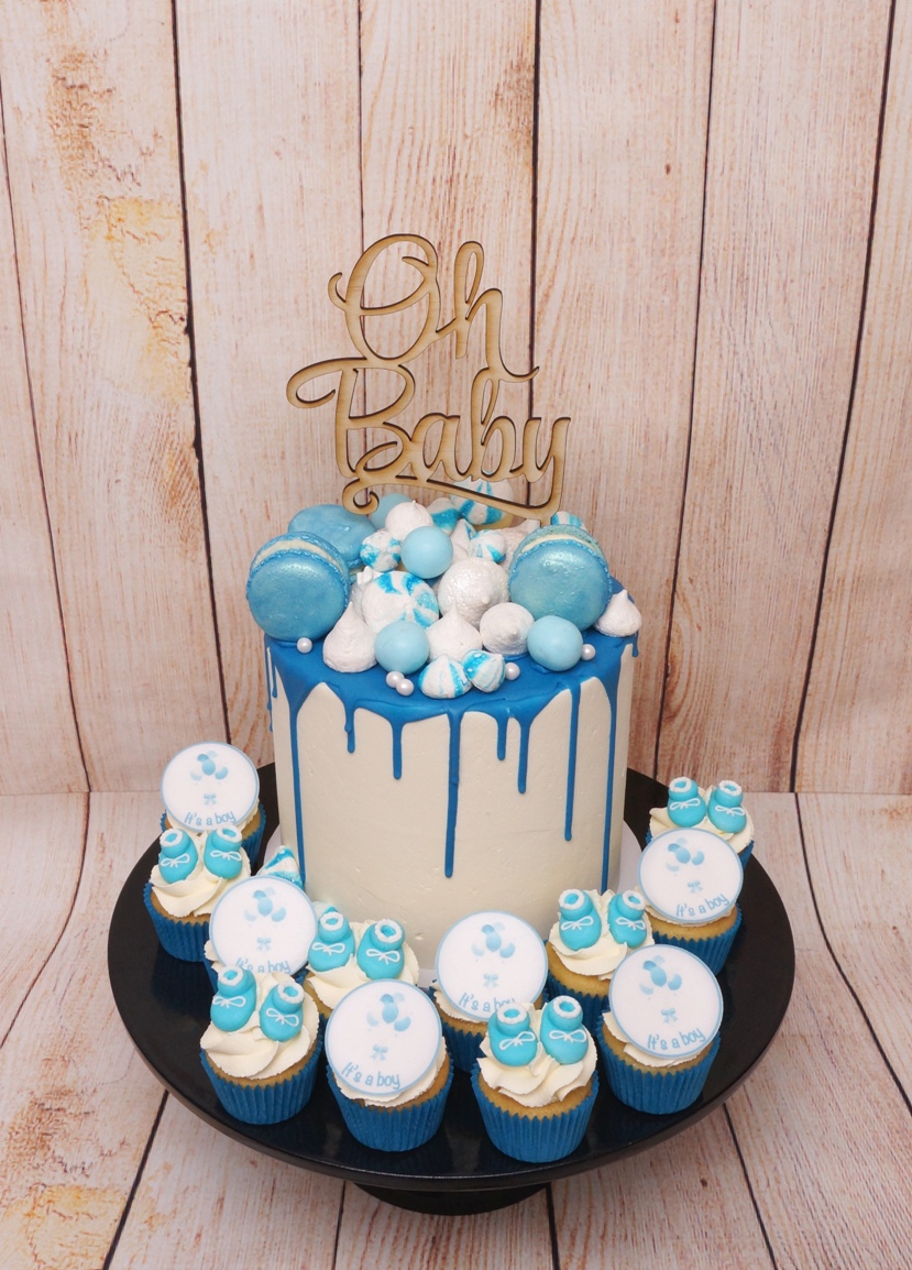 Blue Baby Shower Cake with choc drip & M
