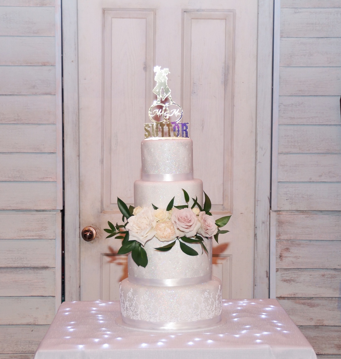 4 Tier White fondant with silver glitter