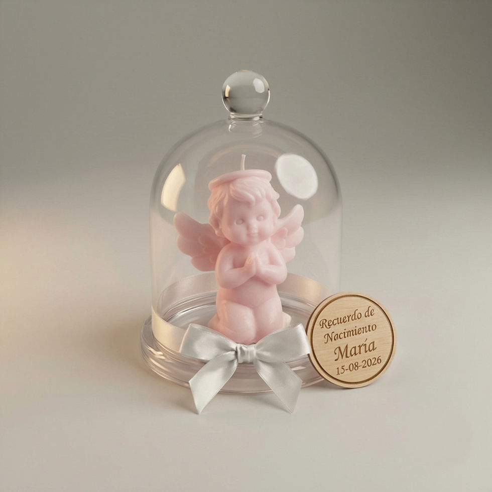 Miniatura: Vela de ángel rosa en cúpula de cristal para recuerdo de nacimiento.