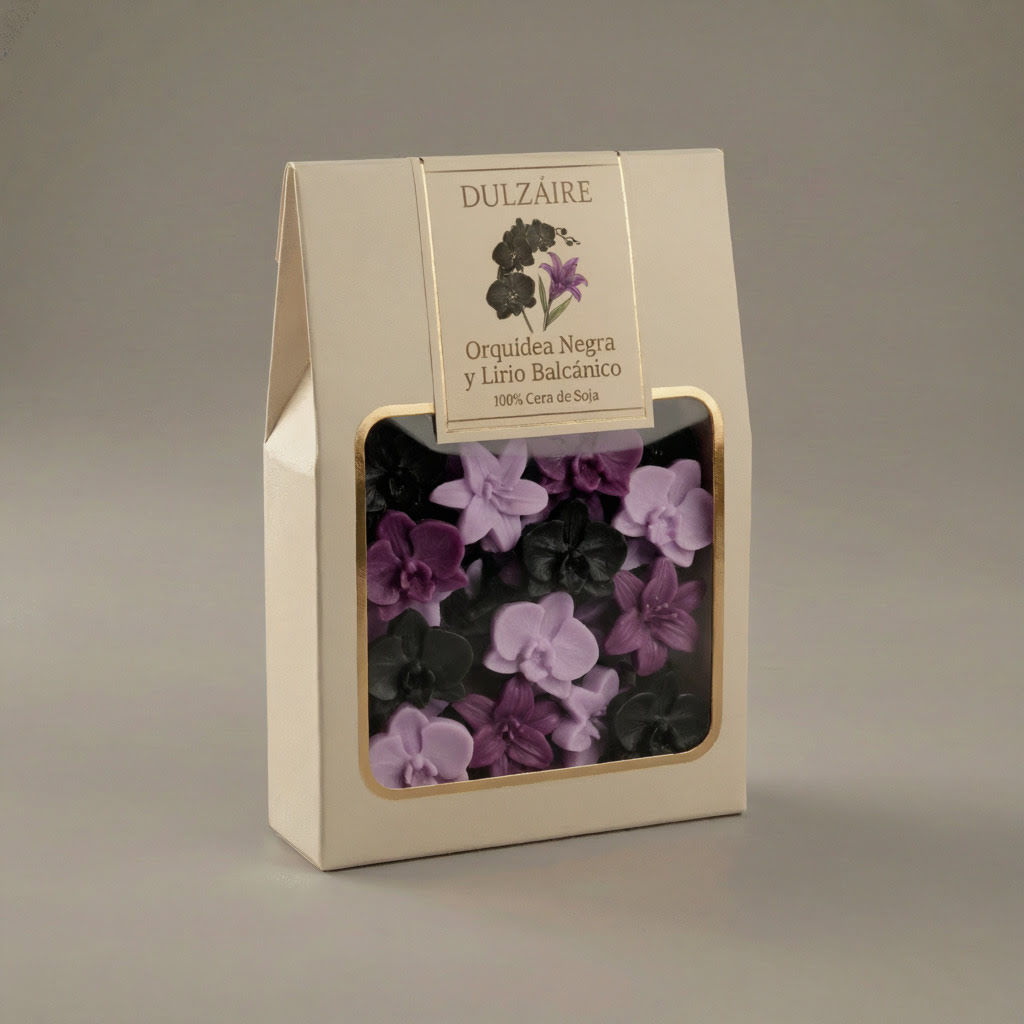 Caja de Wax Melts de soja modelo Orquídea Negra y Lirio Balcánico, con figuras de flores en tonos morados oscuros y negros