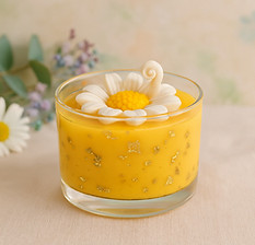Vela aromática obsequio en vaso con flor blanca y copos dorados.