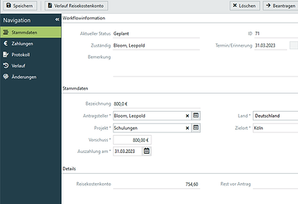 Antrag auf Reisekostenvorschuss stellen mit dem ERP-System Biquanda