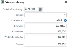 Einstellen der Reisekosten in der Kapazizätsplanung des ERP-Systems Biquanda