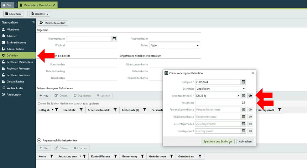 Biquanda-Oberfläche zur Mitarbeiterverwaltung mit geöffnetem Dialog für zeitraumbezogene Definitionen, inklusive Arbeitszeitmodell, Kostensatz und Gültigkeitsdatum.