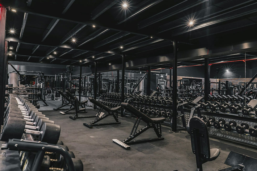 Weight room with racked barbells and strength equipment inside a Seattle gym