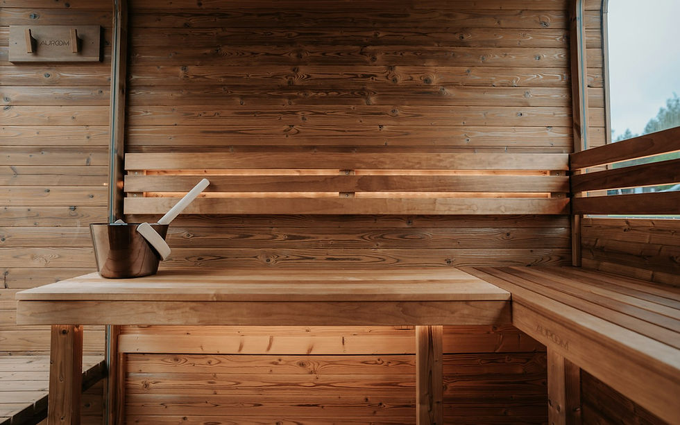 Wood-fired cedar sauna interior on the water in Seattle with cold plunge nearby
