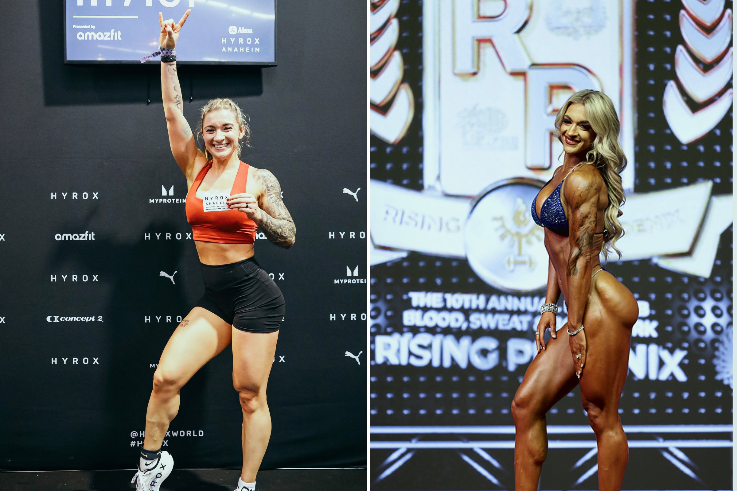 Allegra Brown at the HYROX Anaheim finish, beside her on the IFBB stage