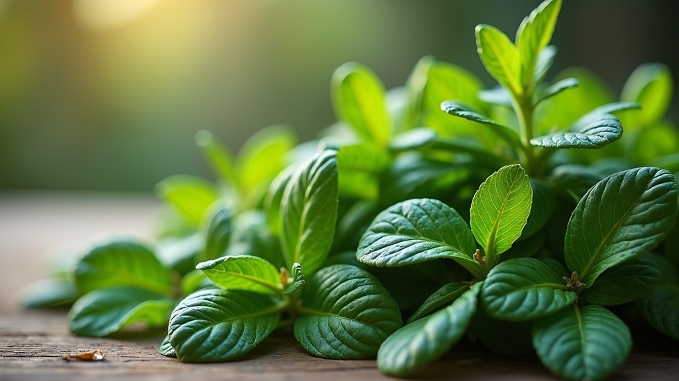 Close-up view of fresh green herbs used for detox