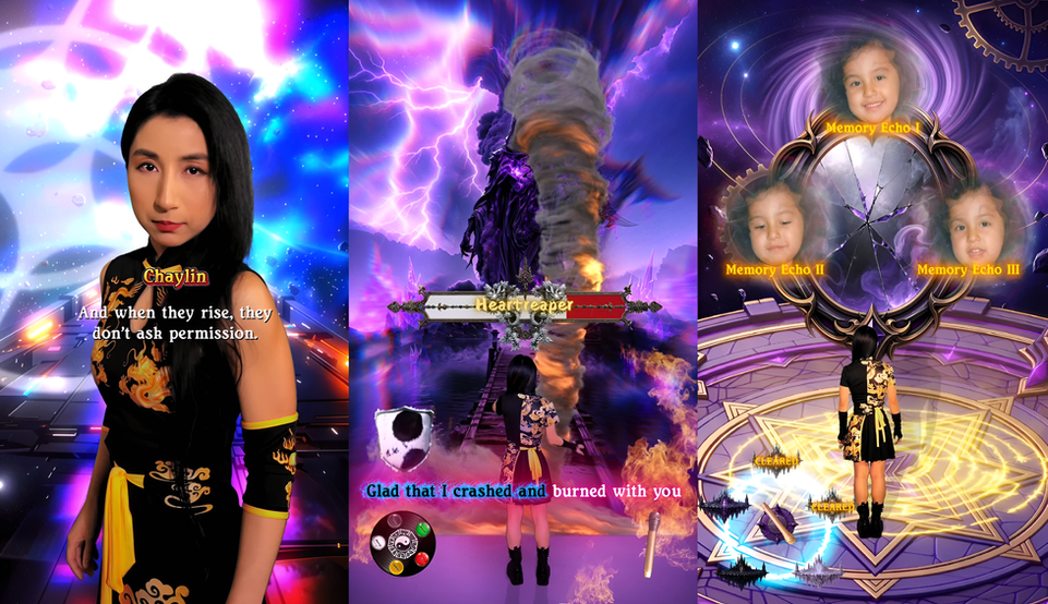 Three Sing My Way Forward scenes showing Chaylin in dialogue, battling the Heartreaper boss, and solving a Memory Echo puzzle.