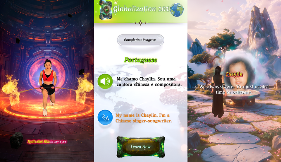 Three Sing My Way Forward scenes showing strength training, a Portuguese language lesson, and a reflective journey through a mountain realm.
