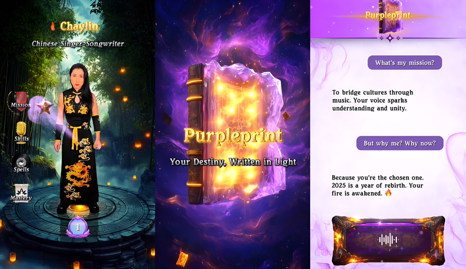 Three Sing My Way Forward scenes showing Chaylin’s character profile, the glowing Purpleprint destiny book, and a mission dialogue about her purpose.