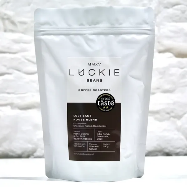 White bag of Luckie Beans Love Lane House Blend coffee