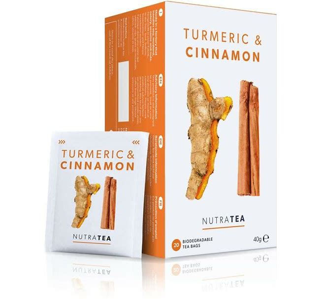 Box and packet of Turmeric & Cinnamon NUTRATEA with ginger and cinnamon