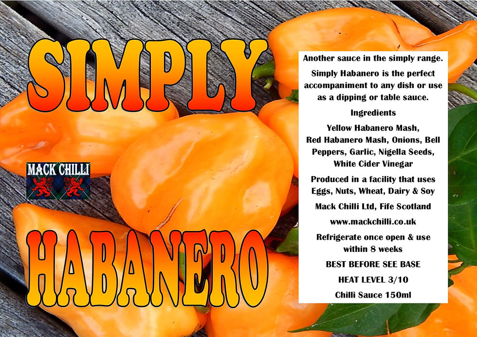 Simply Habanero Mack Chilli sauce with visible text and ingredients list on wood background.