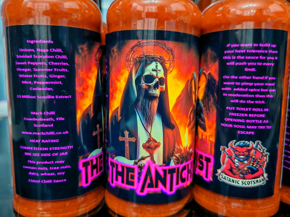 Bottles of The Antichrist hot sauce with ingredients and Satanic Scotland logo.