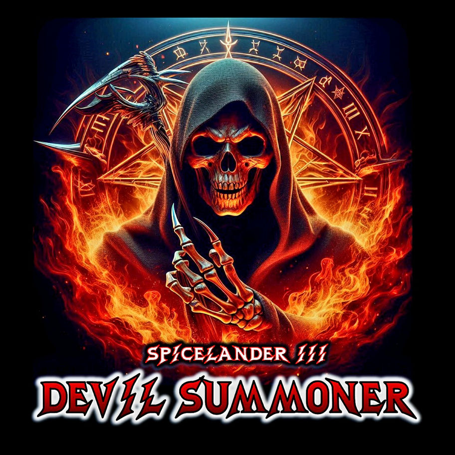 Grim Reaper with scythe, Devil Summoner text, surrounded by fire and a symbol.