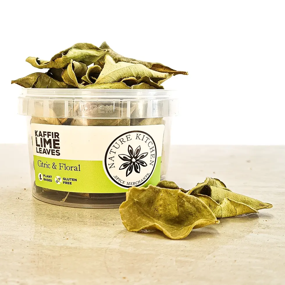 Dried Kaffir Lime Leaves in "NATURAL KITCHEN" container, "Citric & Floral".