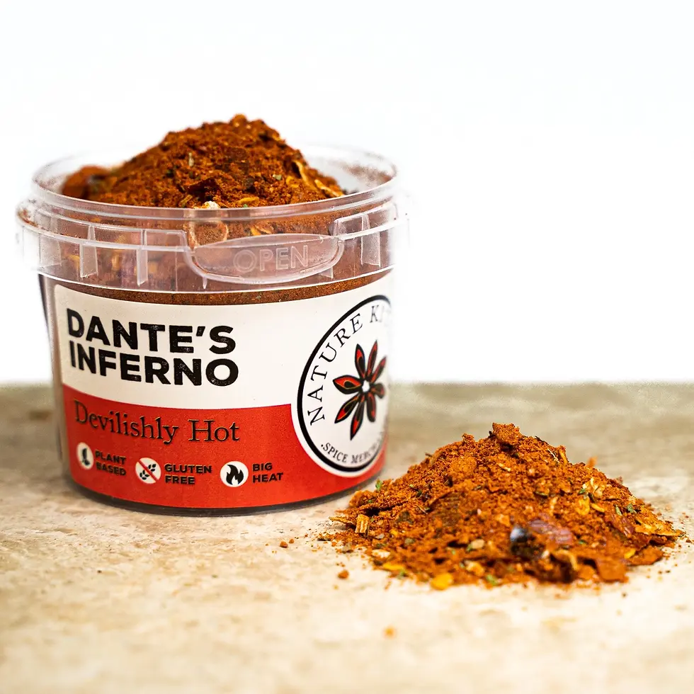 Dante's Inferno Devilishly Hot spice blend from Nature's Choice, on surface.