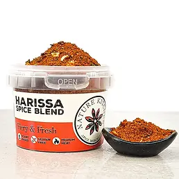 Harissa Spice Blend Fiery and Fresh container by Natures Kitchen, plant based gluten free medium heat