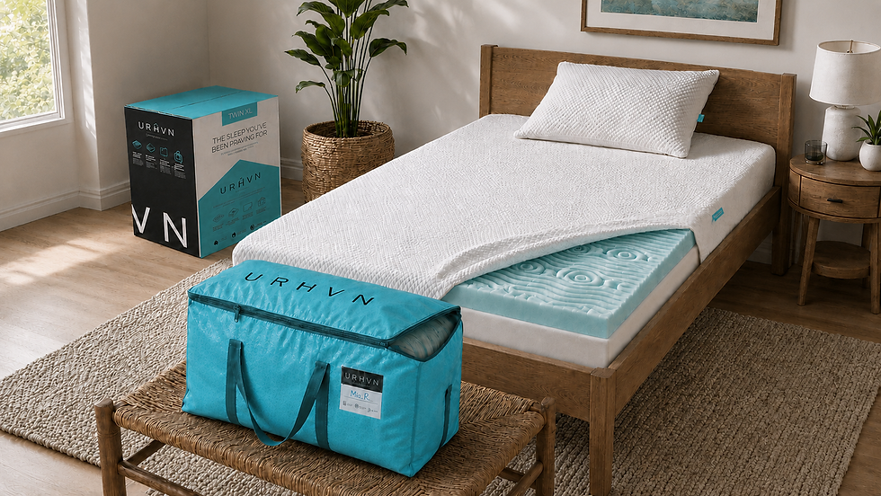 URHVN mattress topper on a bed next to its packaging
