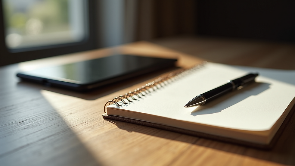 Close-up of a journal and pen on a wooden table