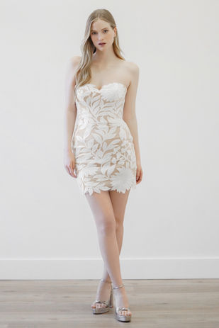 Lace appliqued strapless mini dress